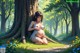 A pregnant woman sitting under a tree in a forest.