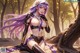 A woman with long purple hair sitting in the woods.